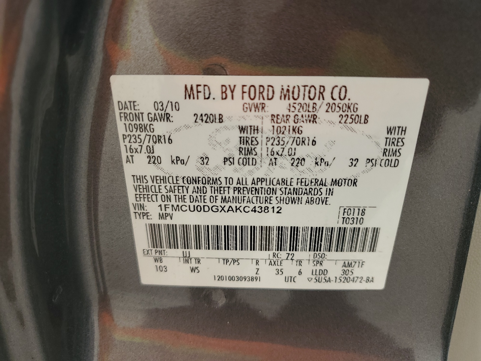 1FMCU0DGXAKC43812 2010 Ford Escape Xlt
