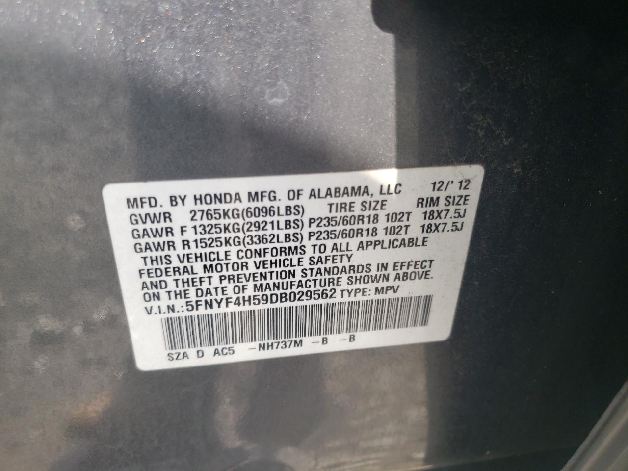 2013 Honda Pilot Exl VIN: 5FNYF4H59DB029562 Lot: 63673944