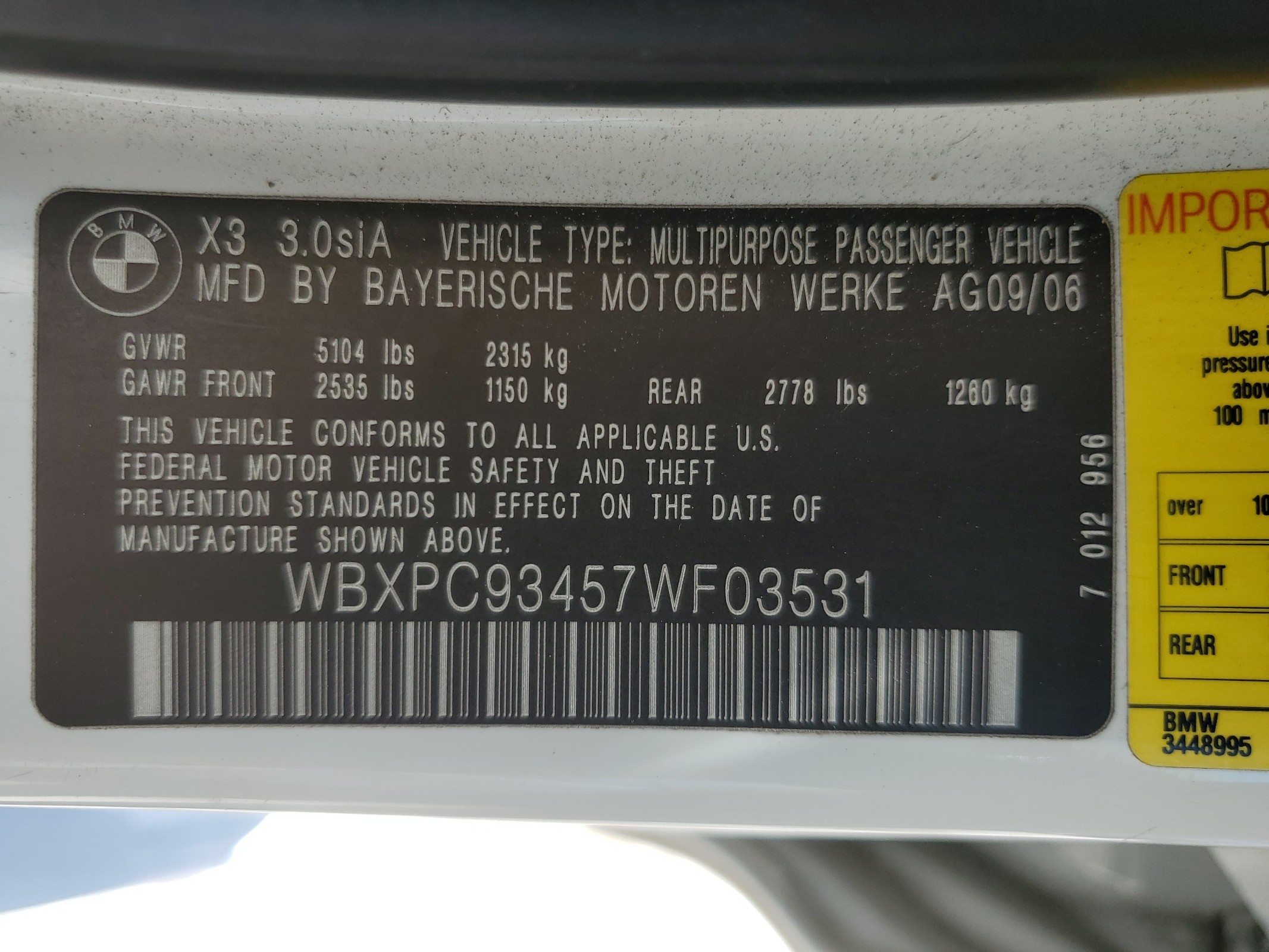 WBXPC93457WF03531 2007 BMW X3 3.0Si