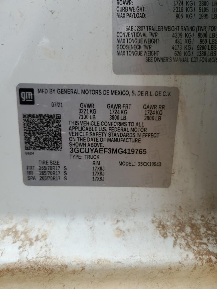 2021 Chevrolet Silverado K1500 VIN: 3GCUYAEF3MG419765 Lot: 63908274