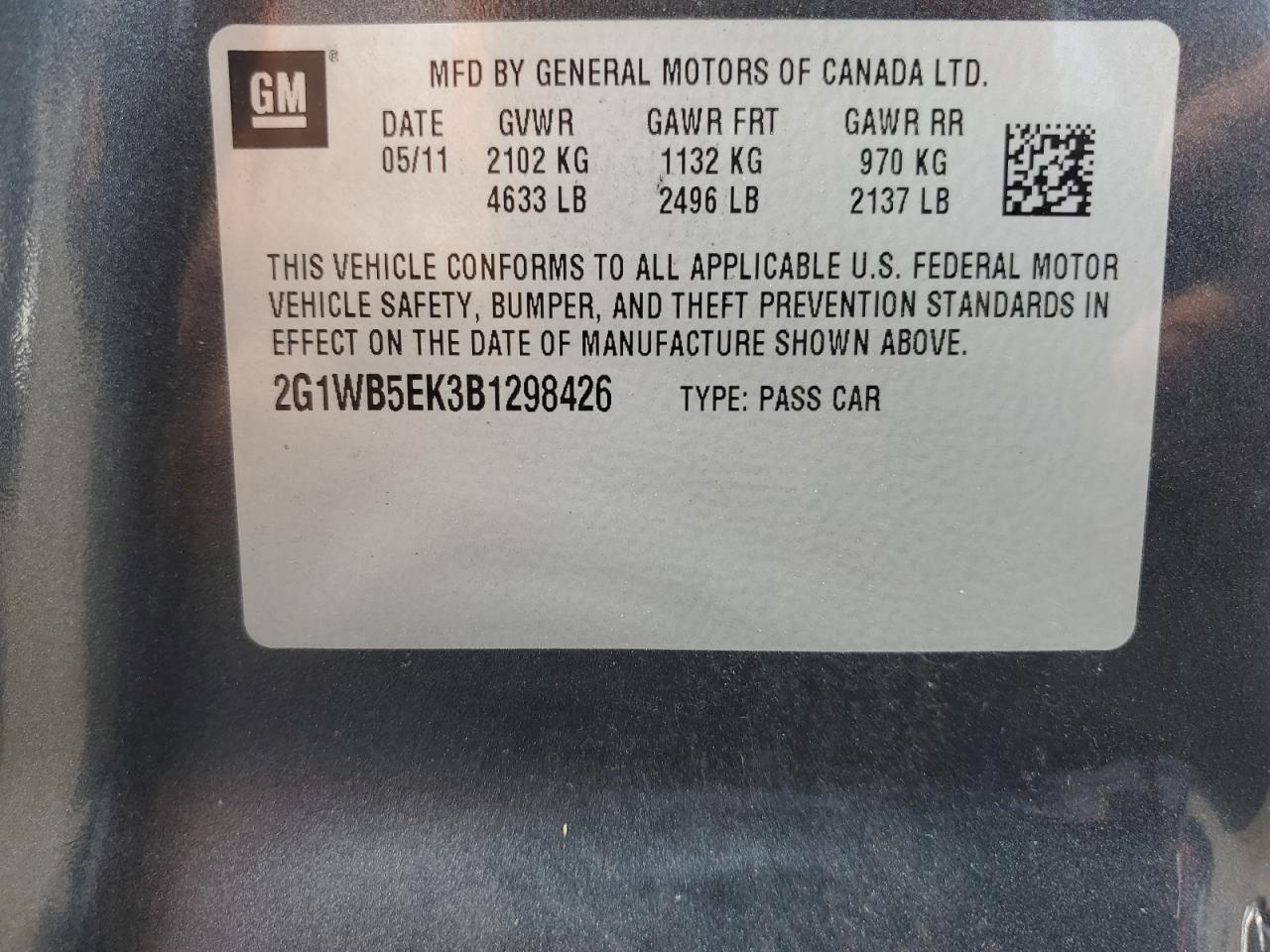 2011 Chevrolet Impala Lt VIN: 2G1WB5EK3B1298426 Lot: 63526934