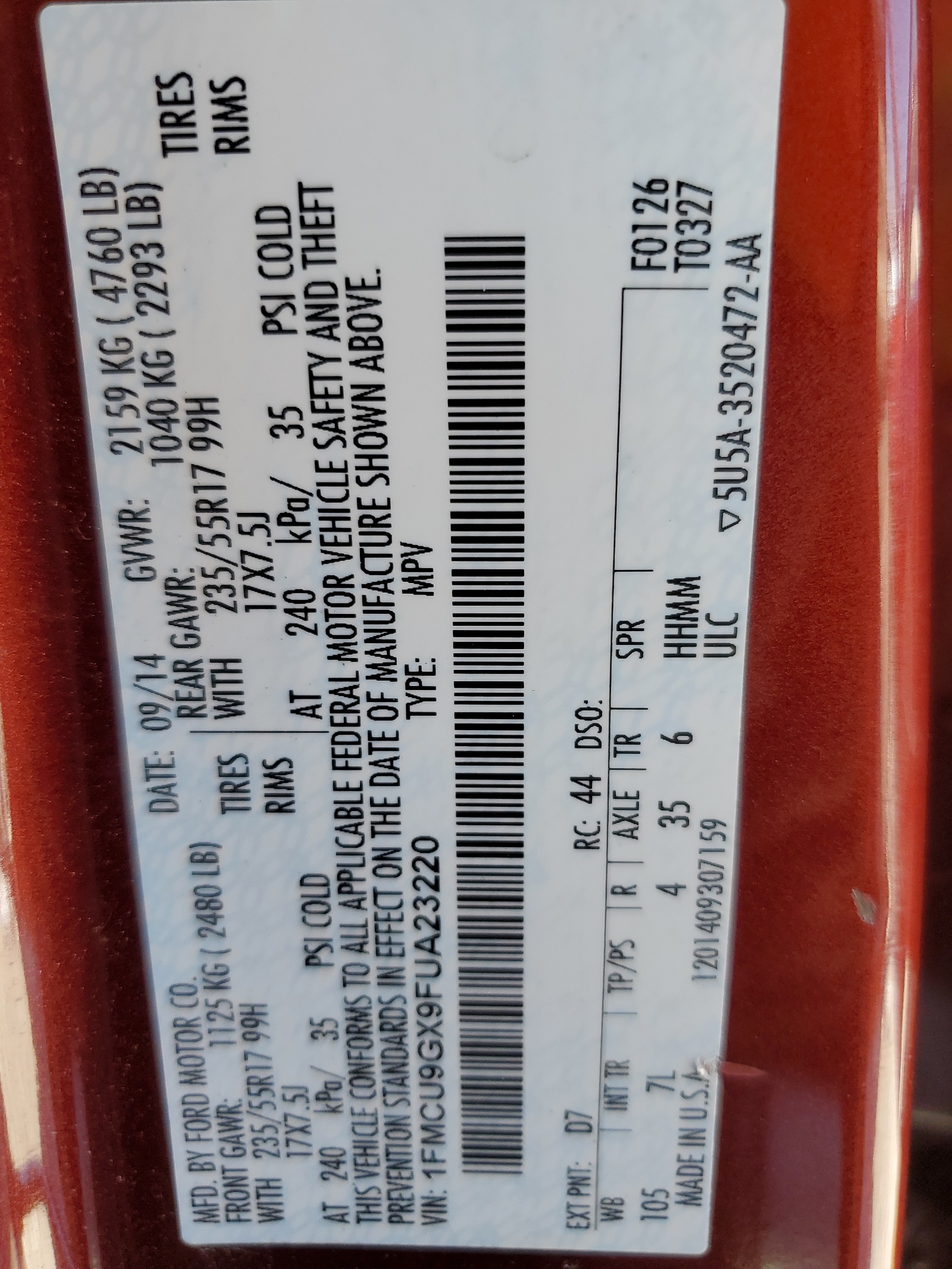 1FMCU9GX9FUA23220 2015 Ford Escape Se