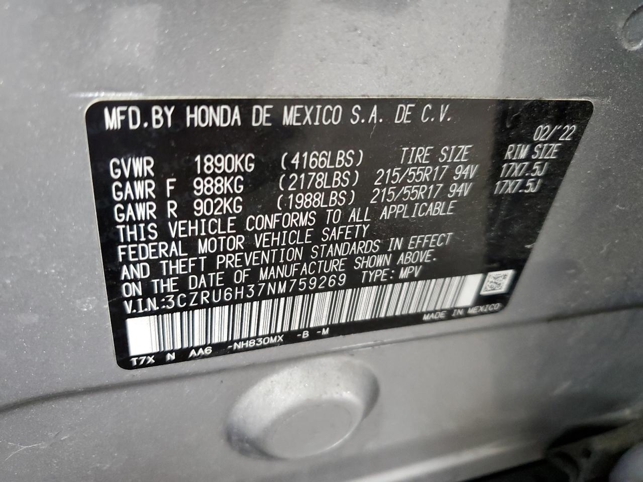 2022 Honda Hr-V Lx VIN: 3CZRU6H37NM759269 Lot: 64469774