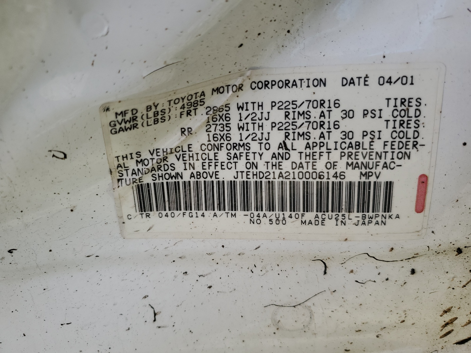 JTEHD21A210006146 2001 Toyota Highlander