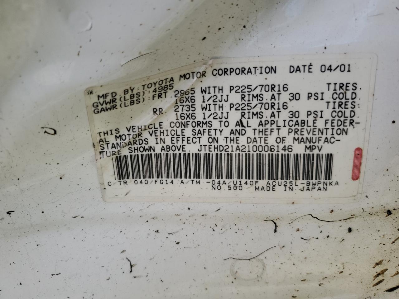 2001 Toyota Highlander VIN: JTEHD21A210006146 Lot: 65468274