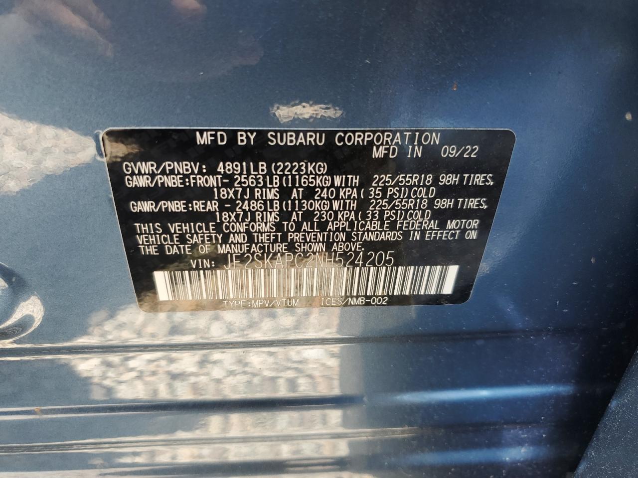 2022 Subaru Forester Limited VIN: JF2SKAPC2NH524205 Lot: 64093924