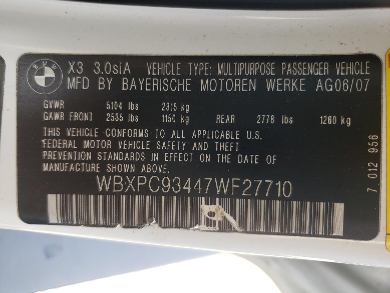 2007 BMW X3 3.0Si VIN: WBXPC93447WF27710 Lot: 62409064