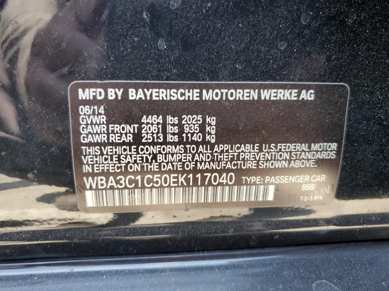 2014 BMW 328 I Sulev VIN: WBA3C1C50EK117040 Lot: 64277134