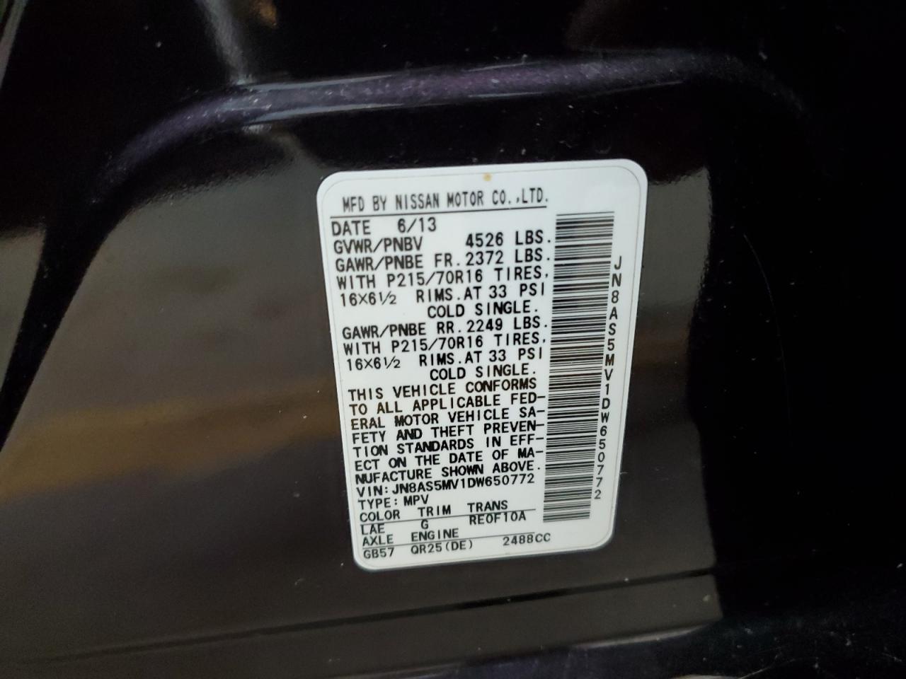 2013 Nissan Rogue S VIN: JN8AS5MV1DW650772 Lot: 63615674