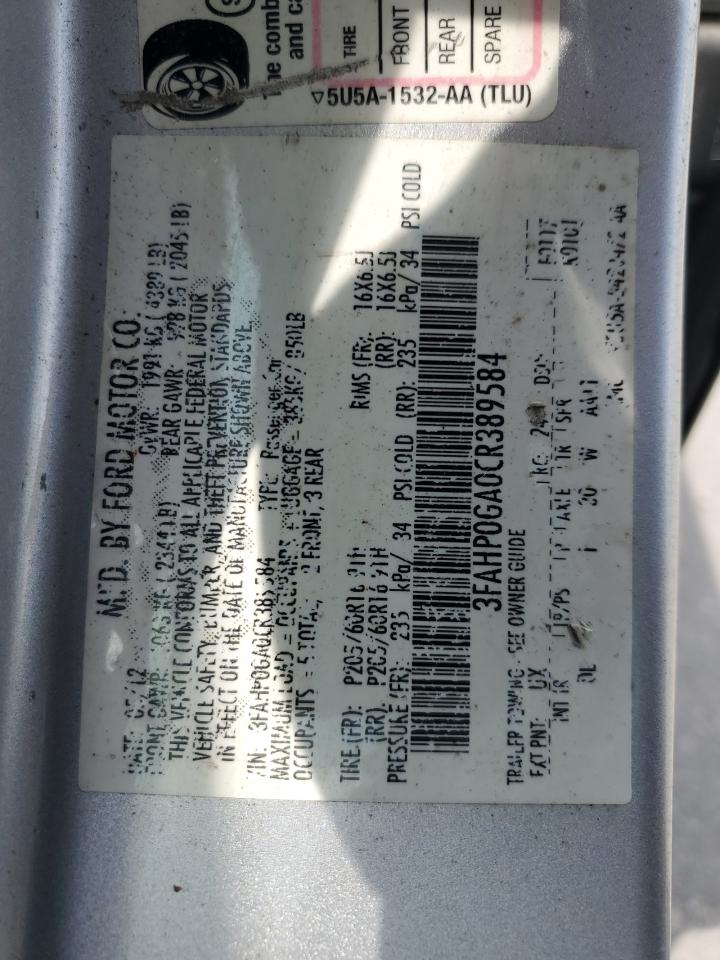 2012 Ford Fusion S VIN: 3FAHP0GA0CR389584 Lot: 64862764