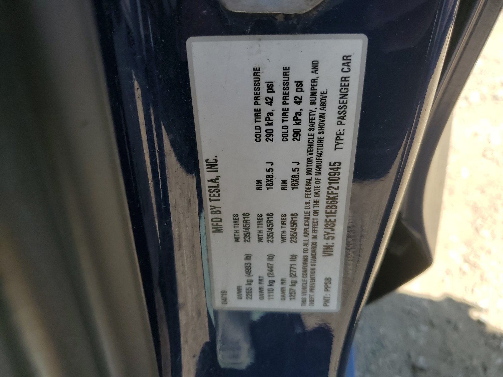 5YJ3E1EB6KF210945 2019 Tesla Model 3