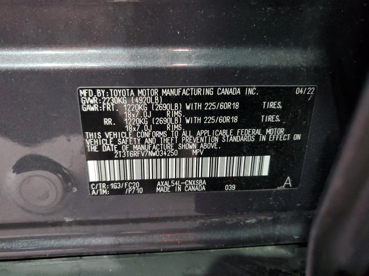 2022 Toyota Rav4 Se VIN: 2T3T6RFV7NW034250 Lot: 60077664