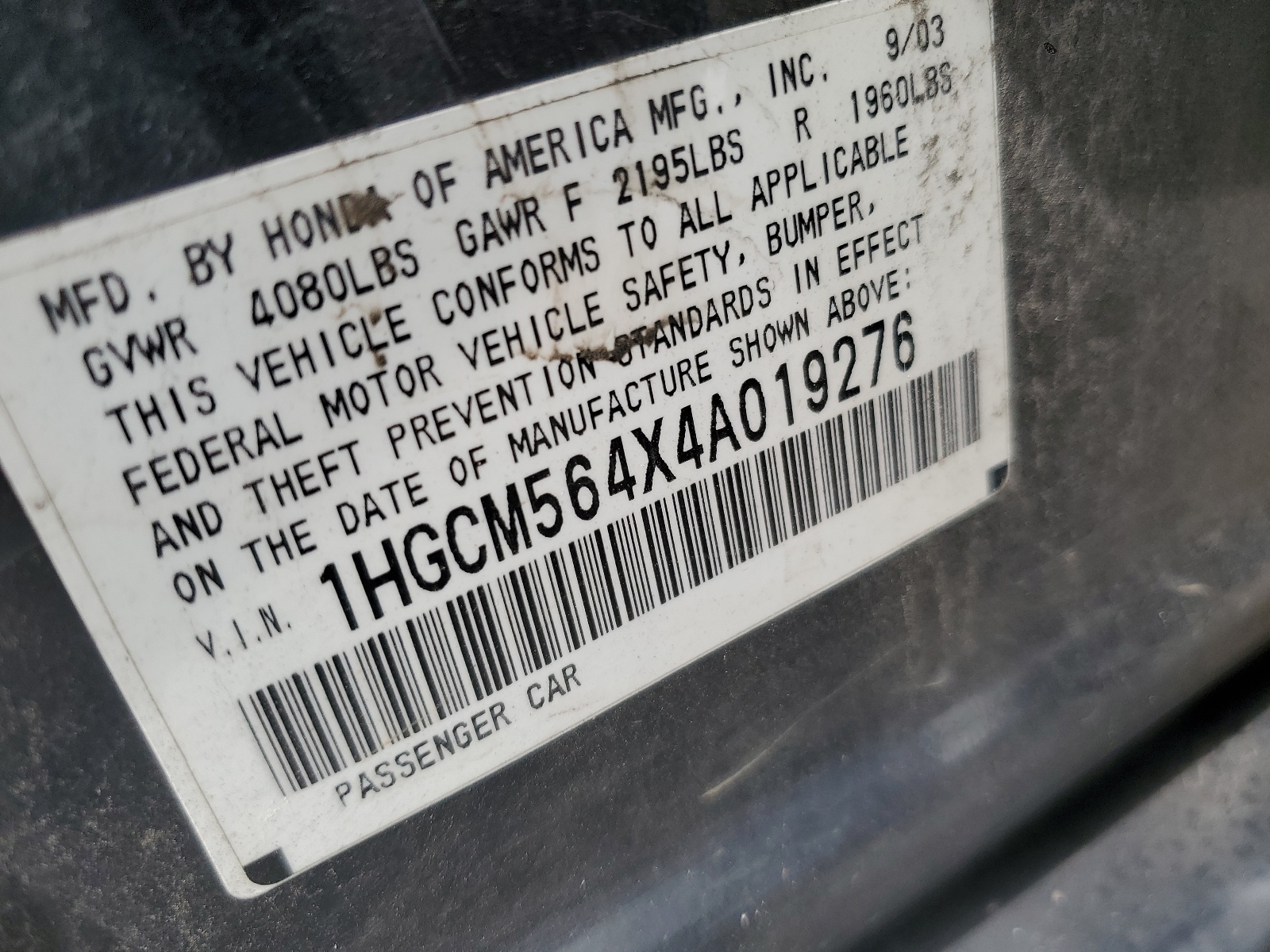 1HGCM564X4A019276 2004 Honda Accord Lx