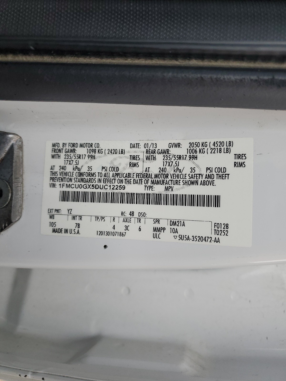 1FMCU0GX5DUC12259 2013 Ford Escape Se