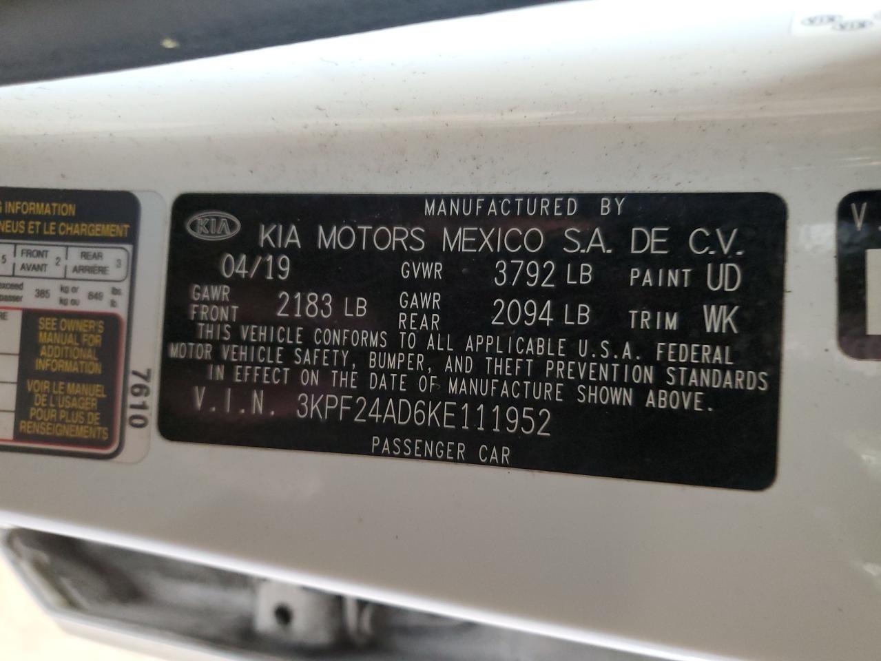 2019 Kia Forte Fe VIN: 3KPF24AD6KE111952 Lot: 64393034