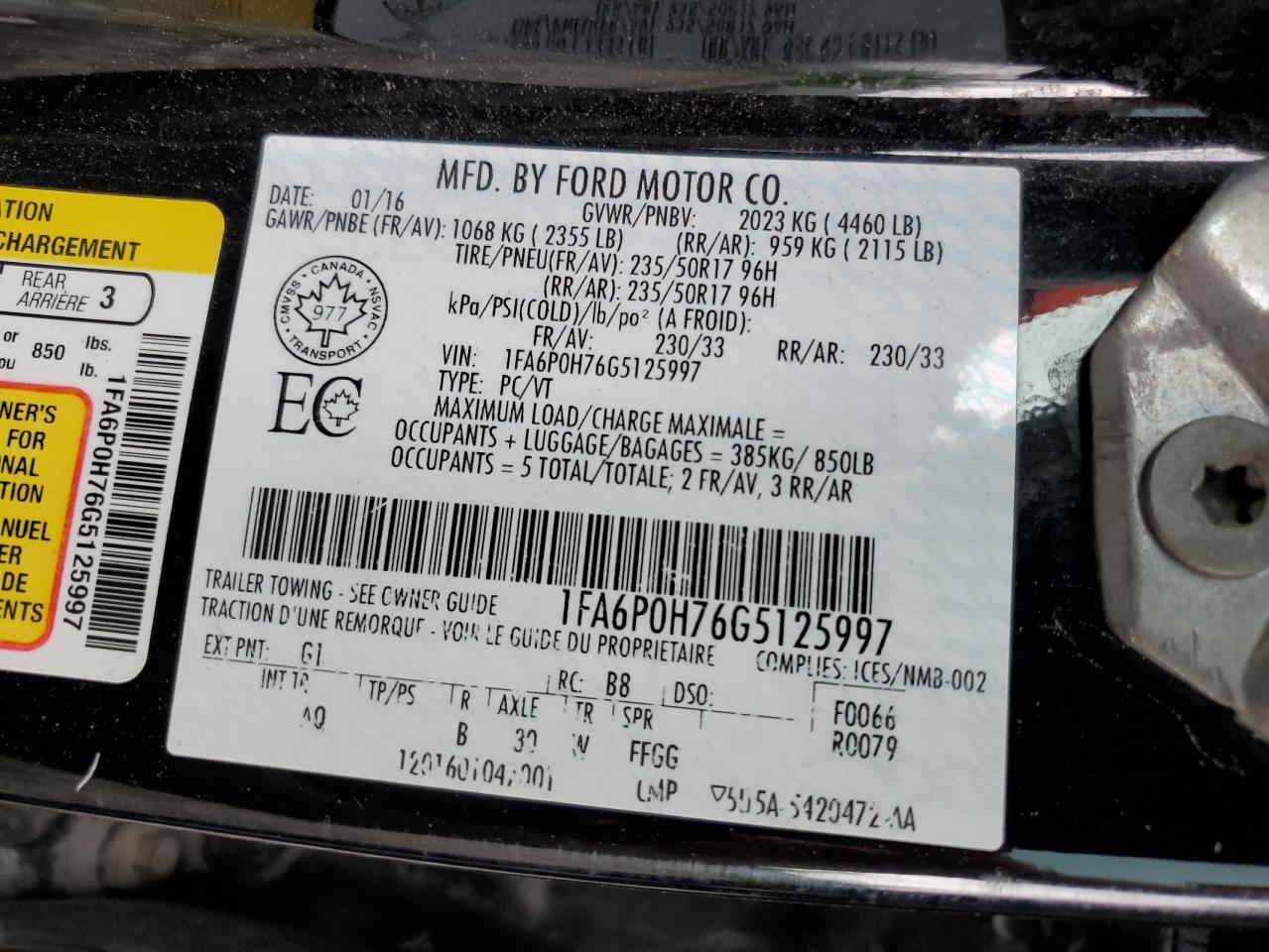 2016 Ford Fusion Se VIN: 1FA6P0H76G5125997 Lot: 62430074