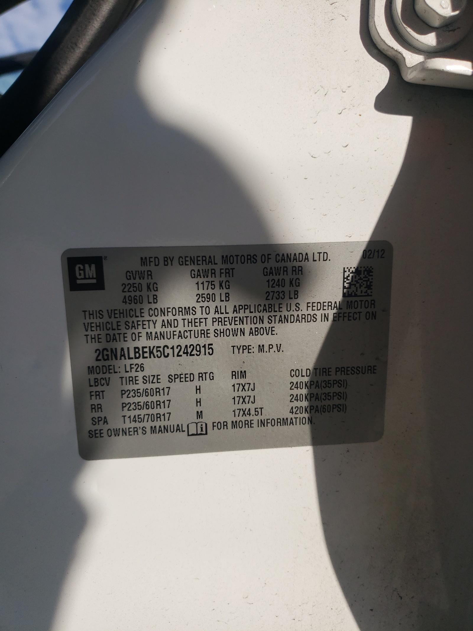 2GNALBEK5C1242915 2012 Chevrolet Equinox Ls