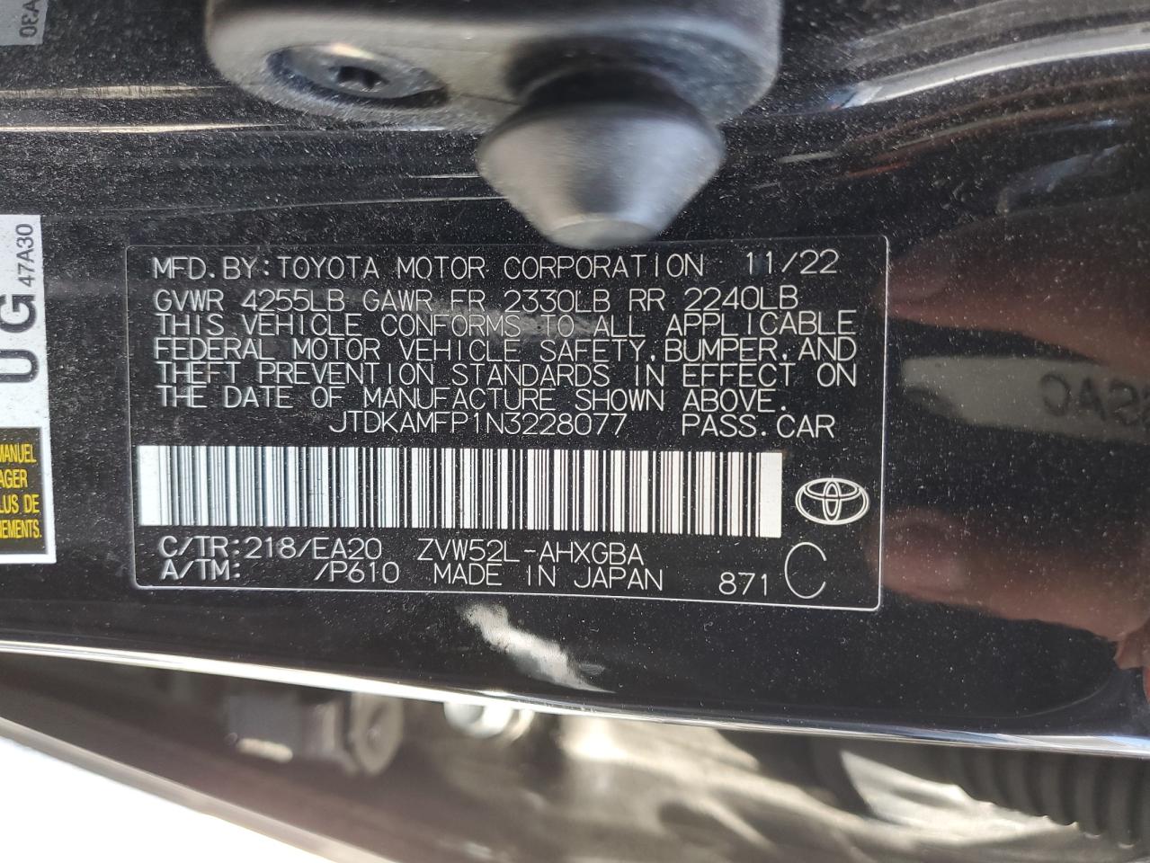 2022 Toyota Prius Prime Le VIN: JTDKAMFP1N3228077 Lot: 63142214