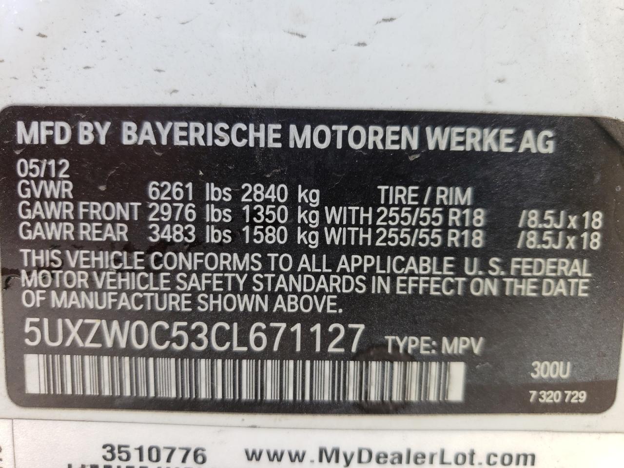 2012 BMW X5 xDrive35D VIN: 5UXZW0C53CL671127 Lot: 63866484