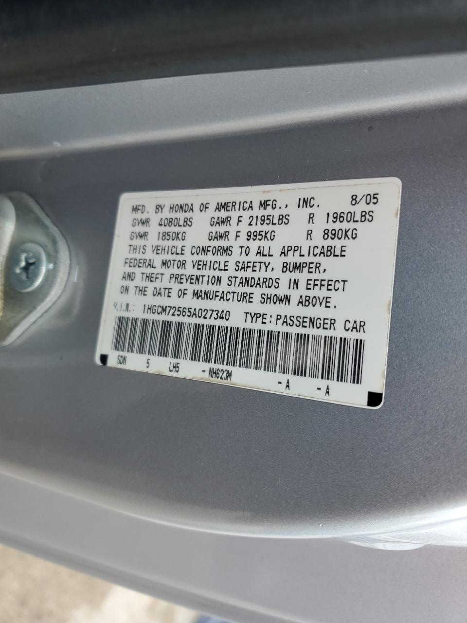1HGCM72565A027340 2005 Honda Accord Lx