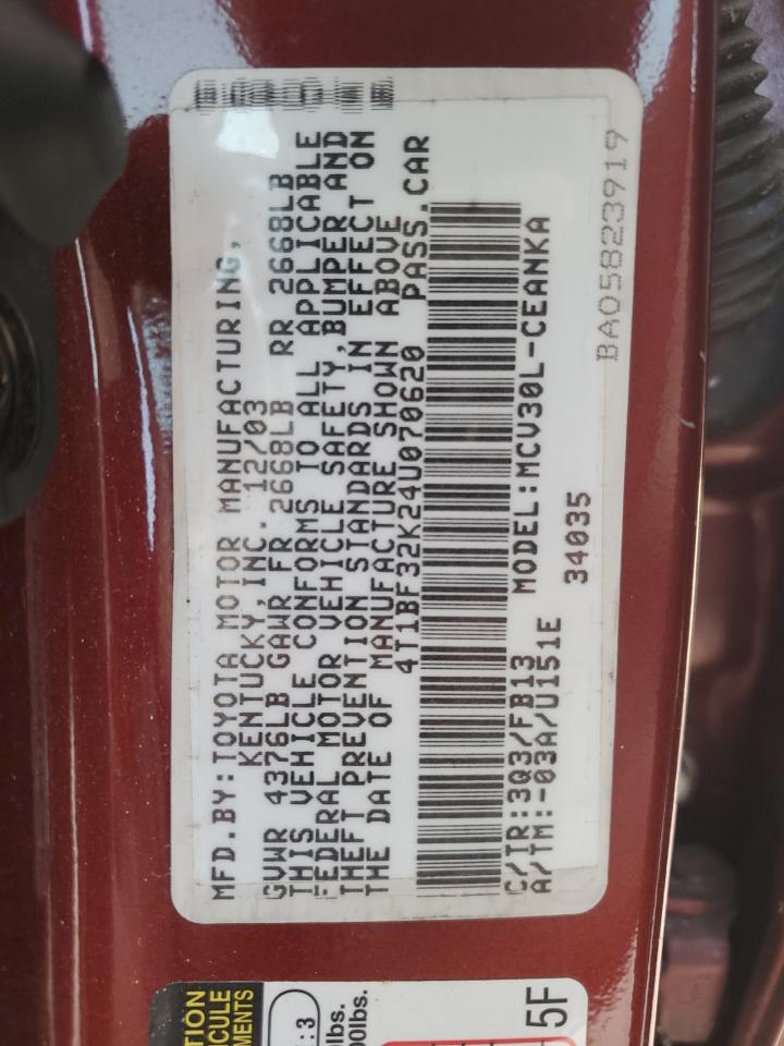 2004 Toyota Camry Le VIN: 4T1BF32K24U070620 Lot: 61995404