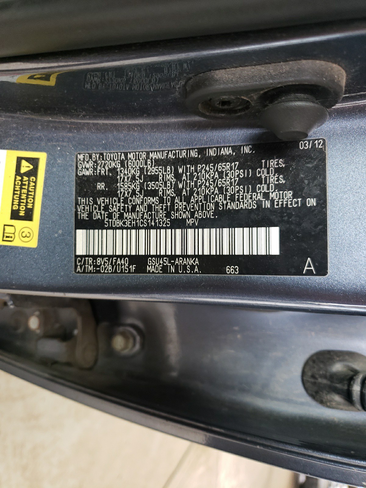 5TDBK3EH1CS141325 2012 Toyota Highlander Base