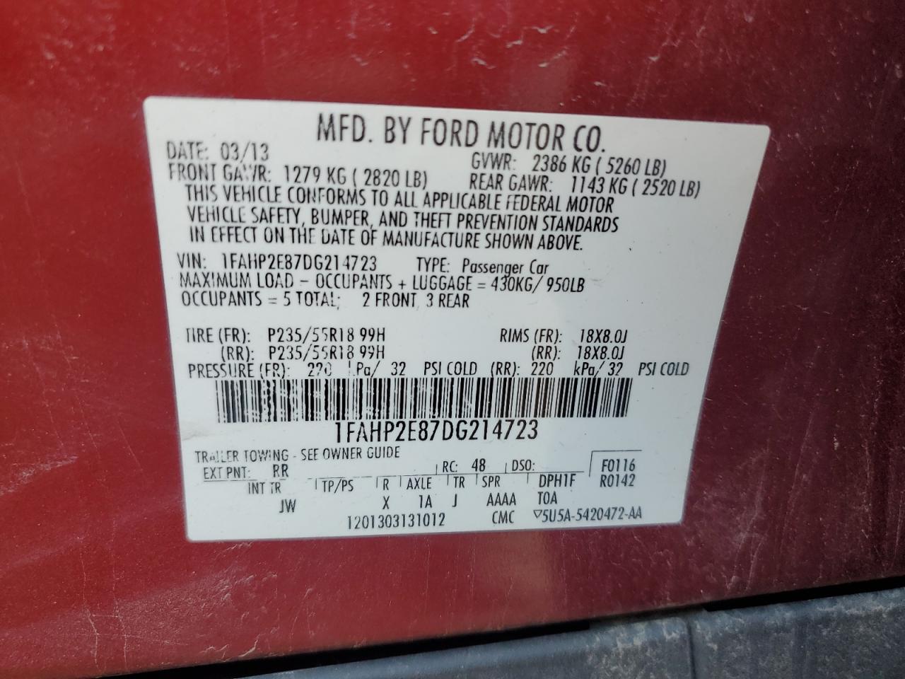 2013 Ford Taurus Sel VIN: 1FAHP2E87DG214723 Lot: 64477714