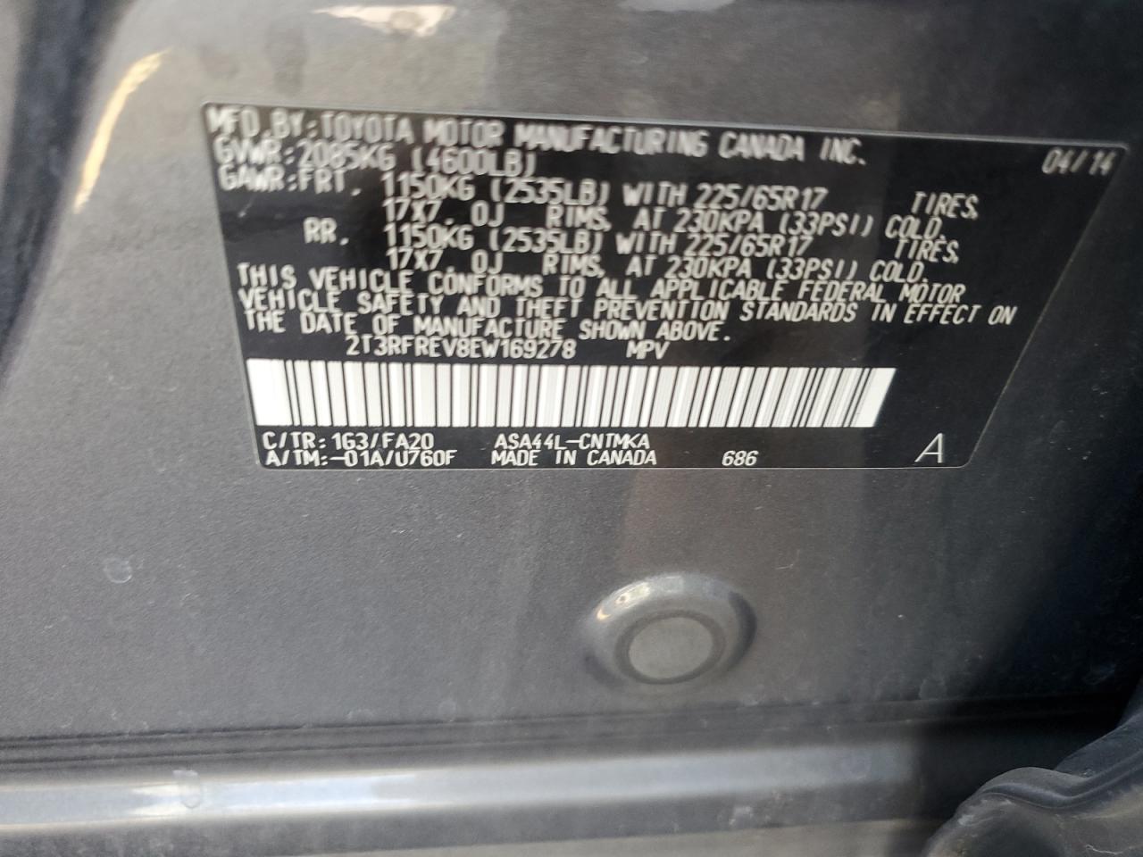 2014 Toyota Rav4 Xle VIN: 2T3RFREV8EW169278 Lot: 64407704