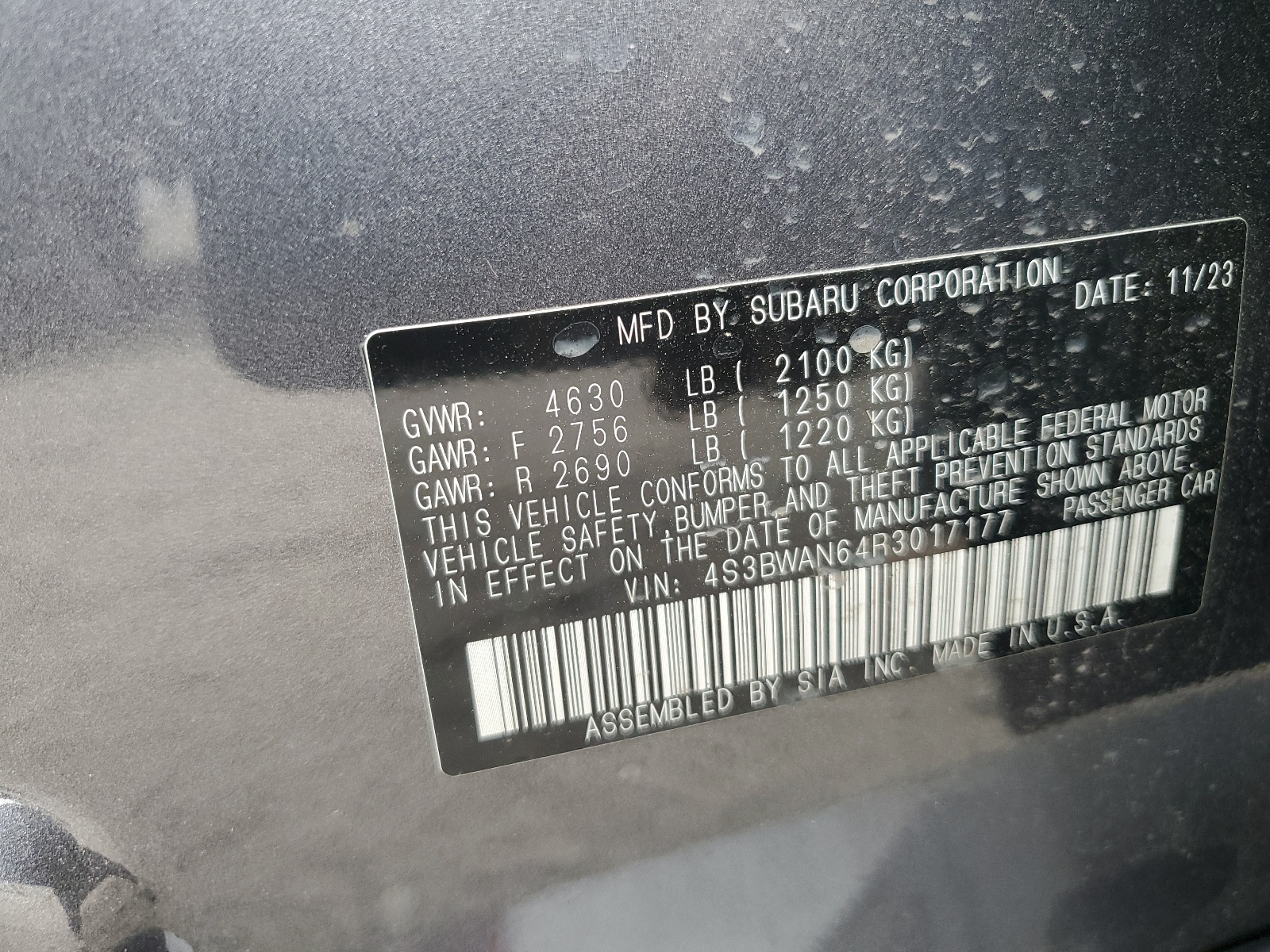 4S3BWAN64R3017177 2024 Subaru Legacy Limited