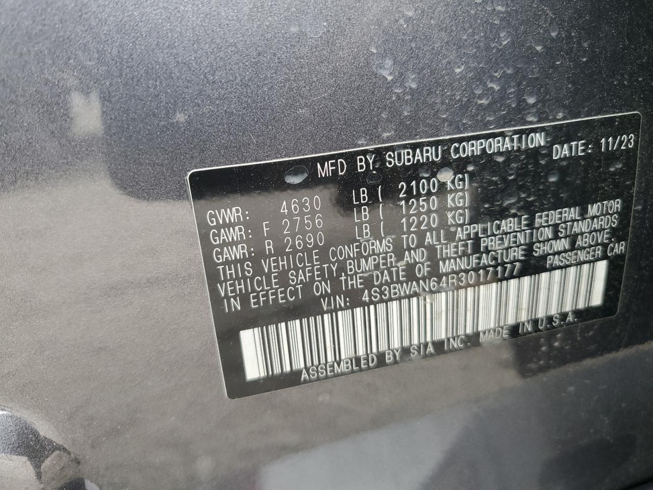 2024 Subaru Legacy Limited VIN: 4S3BWAN64R3017177 Lot: 64009144