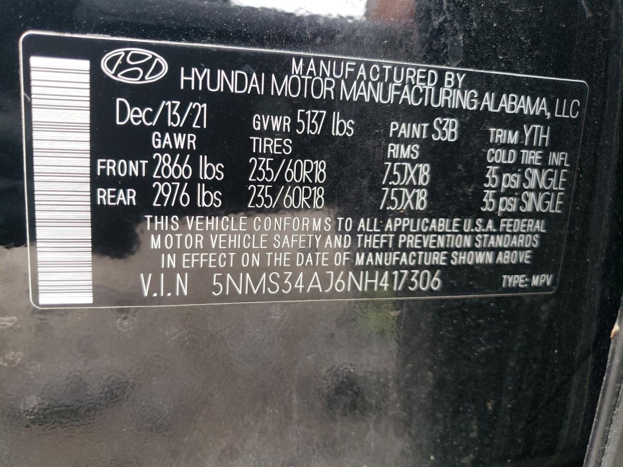 2022 Hyundai Santa Fe Sel VIN: 5NMS34AJ6NH417306 Lot: 62513094