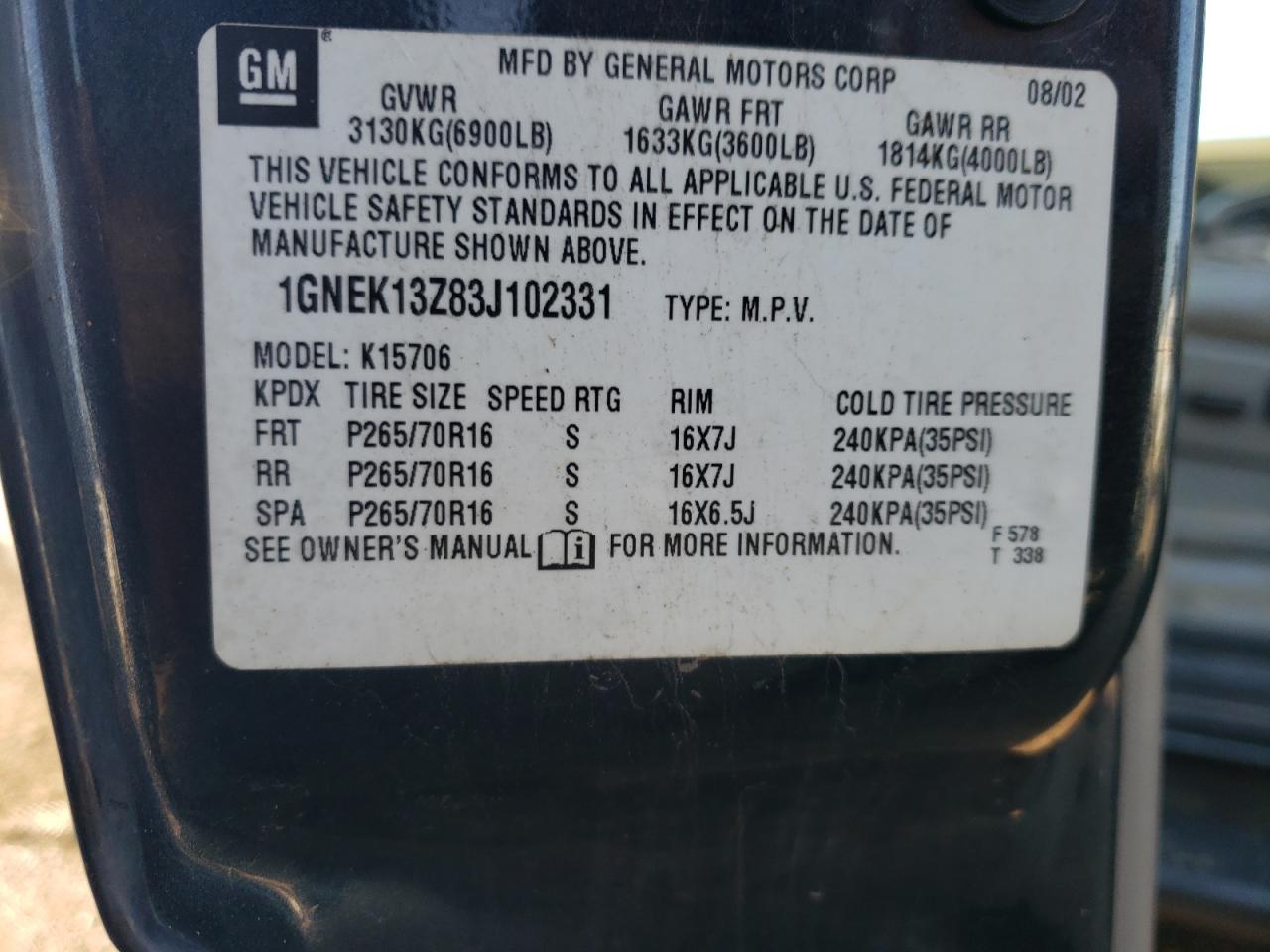 2003 Chevrolet Tahoe K1500 VIN: 1GNEK13Z83J102331 Lot: 63352834