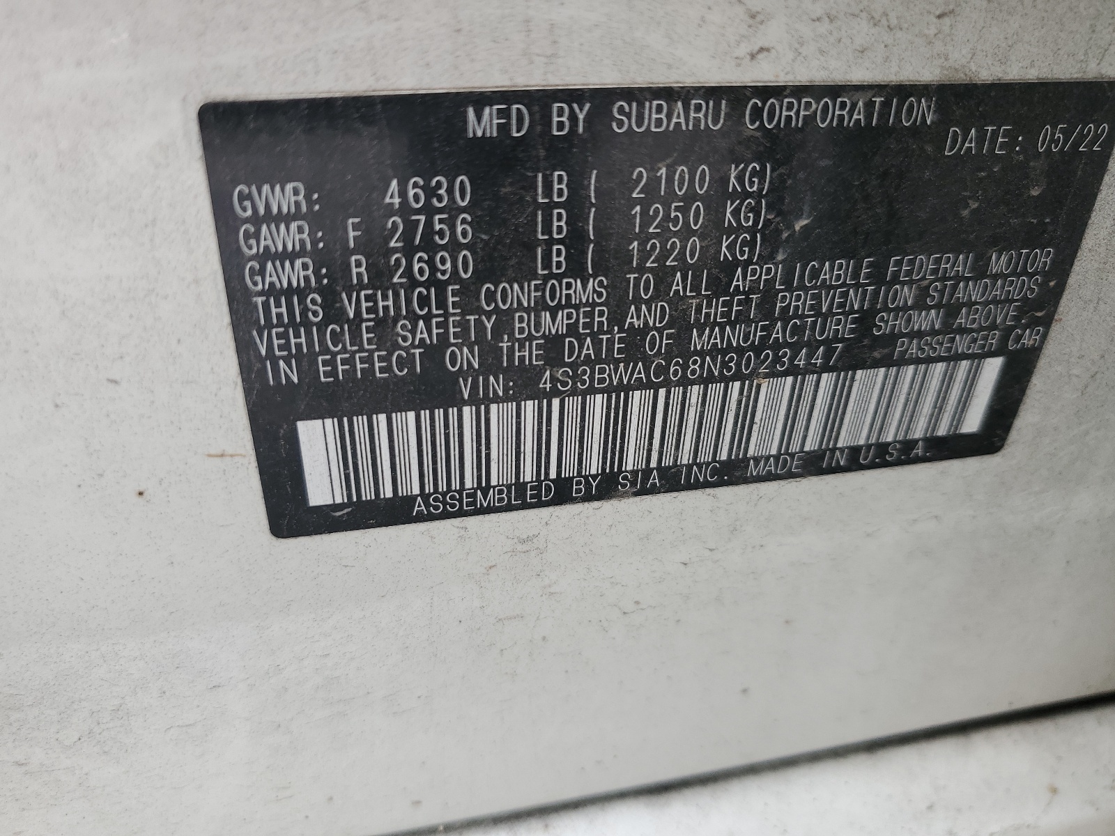 4S3BWAC68N3023447 2022 Subaru Legacy Premium