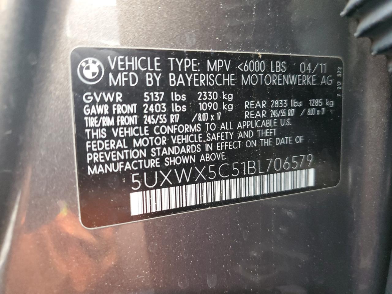 2011 BMW X3 xDrive28I VIN: 5UXWX5C51BL706579 Lot: 60730194