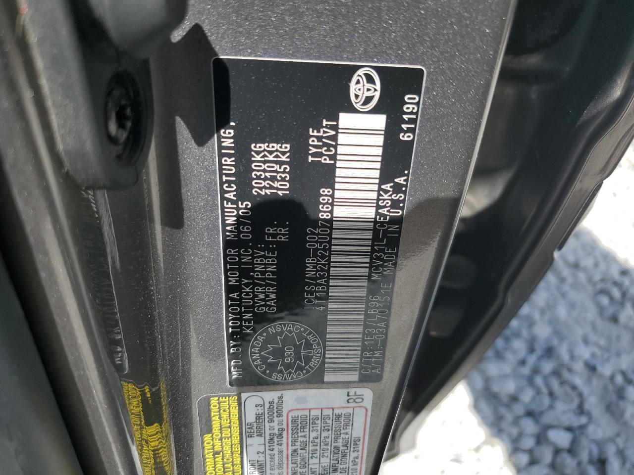 2005 Toyota Camry Se VIN: 4T1BA32K25U078698 Lot: 63587104