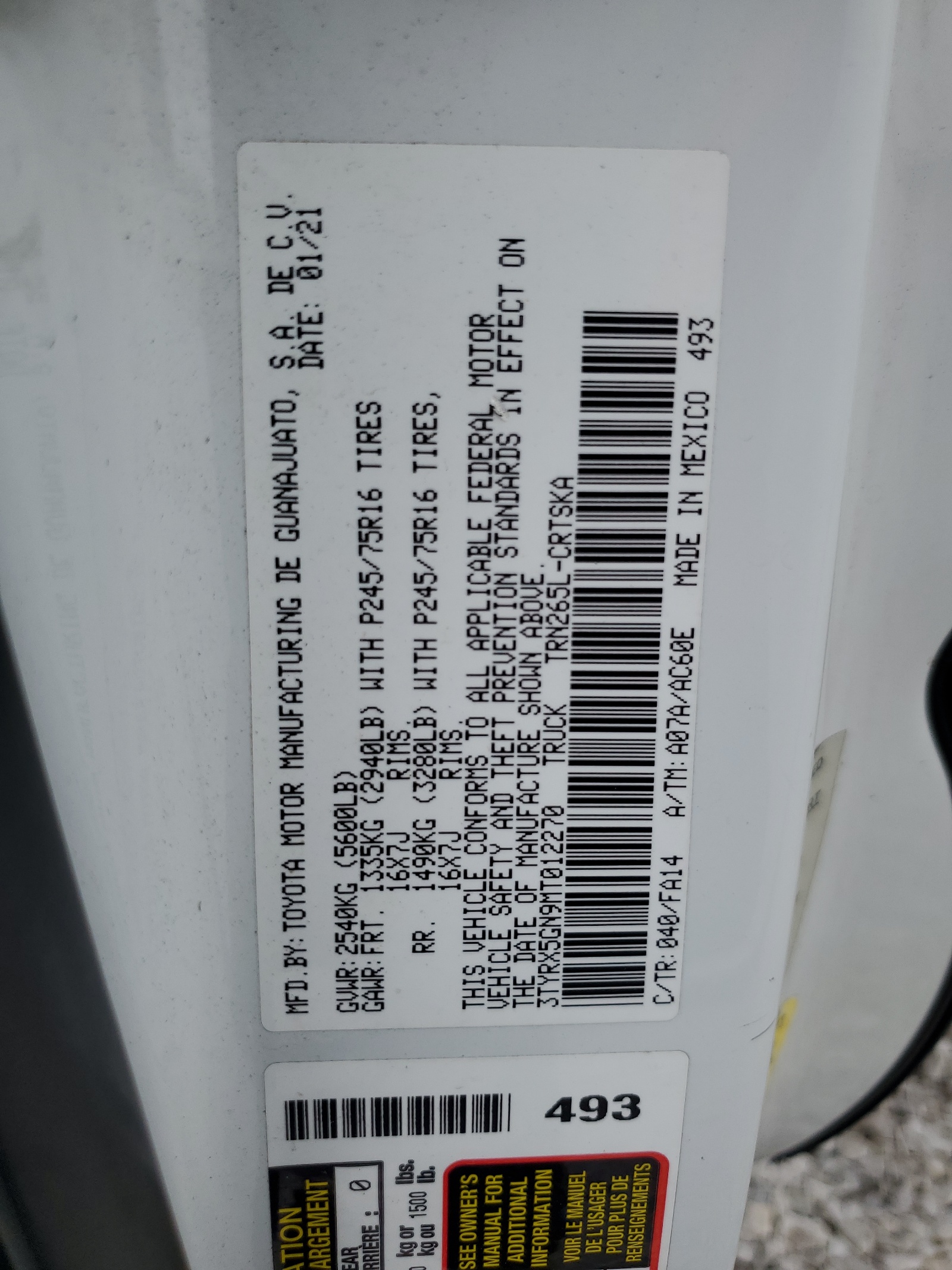 3TYRX5GN9MT012270 2021 Toyota Tacoma Access Cab