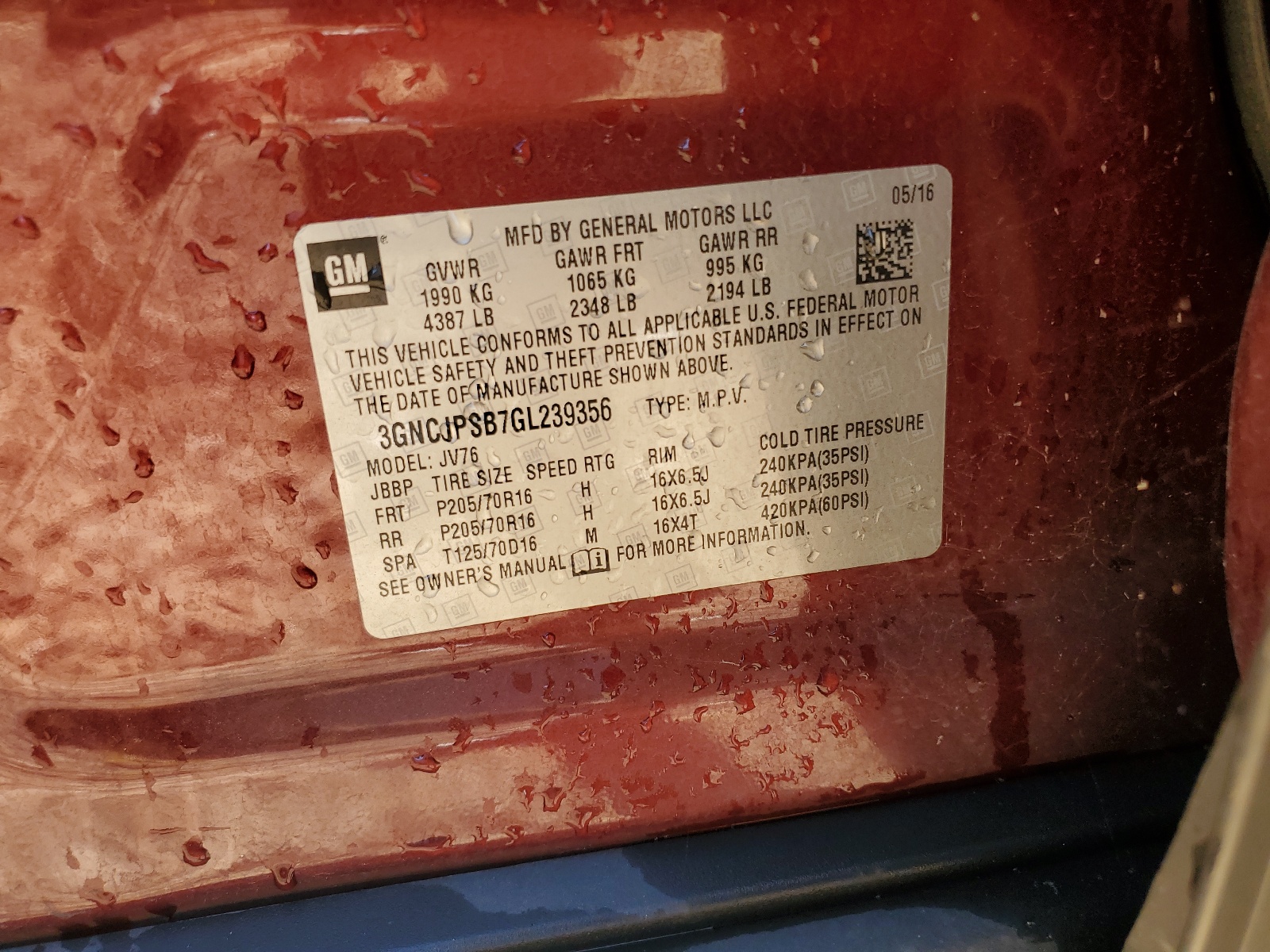 3GNCJPSB7GL239356 2016 Chevrolet Trax 1Lt