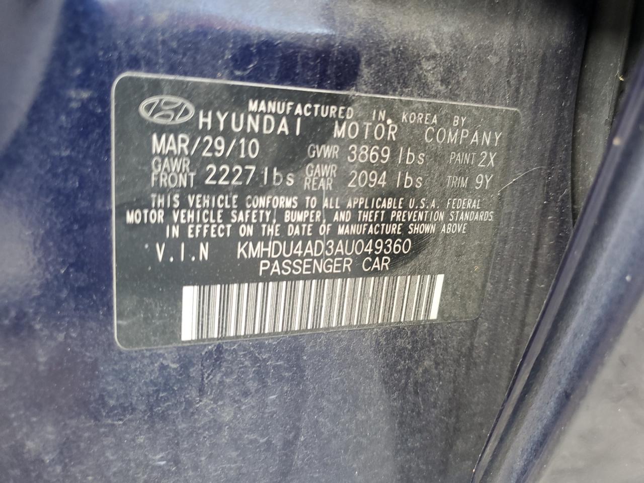 2010 Hyundai Elantra Blue VIN: KMHDU4AD3AU049360 Lot: 63707504