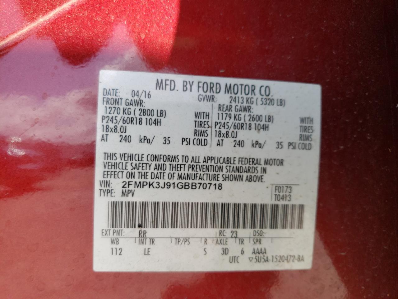 2016 Ford Edge Sel VIN: 2FMPK3J91GBB70718 Lot: 63653034