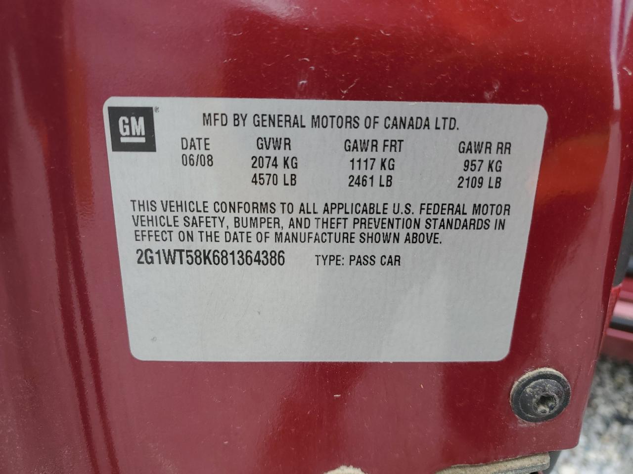 2008 Chevrolet Impala Lt VIN: 2G1WT58K681364386 Lot: 61739564