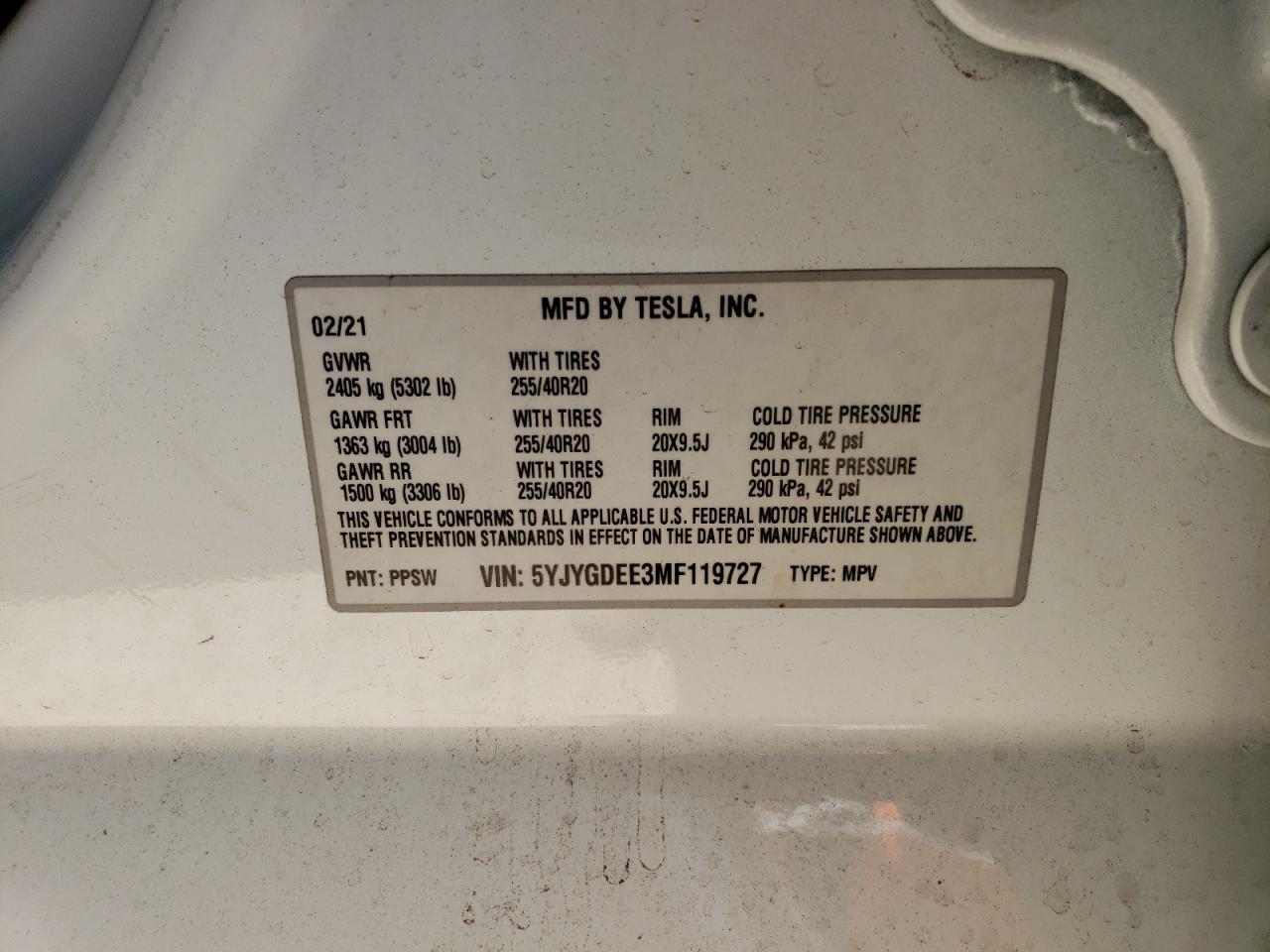 2021 Tesla Model Y VIN: 5YJYGDEE3MF119727 Lot: 61685214