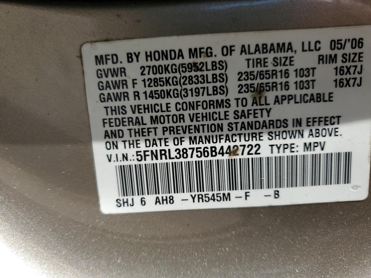 2006 Honda Odyssey Exl VIN: 5FNRL38756B442722 Lot: 60895434