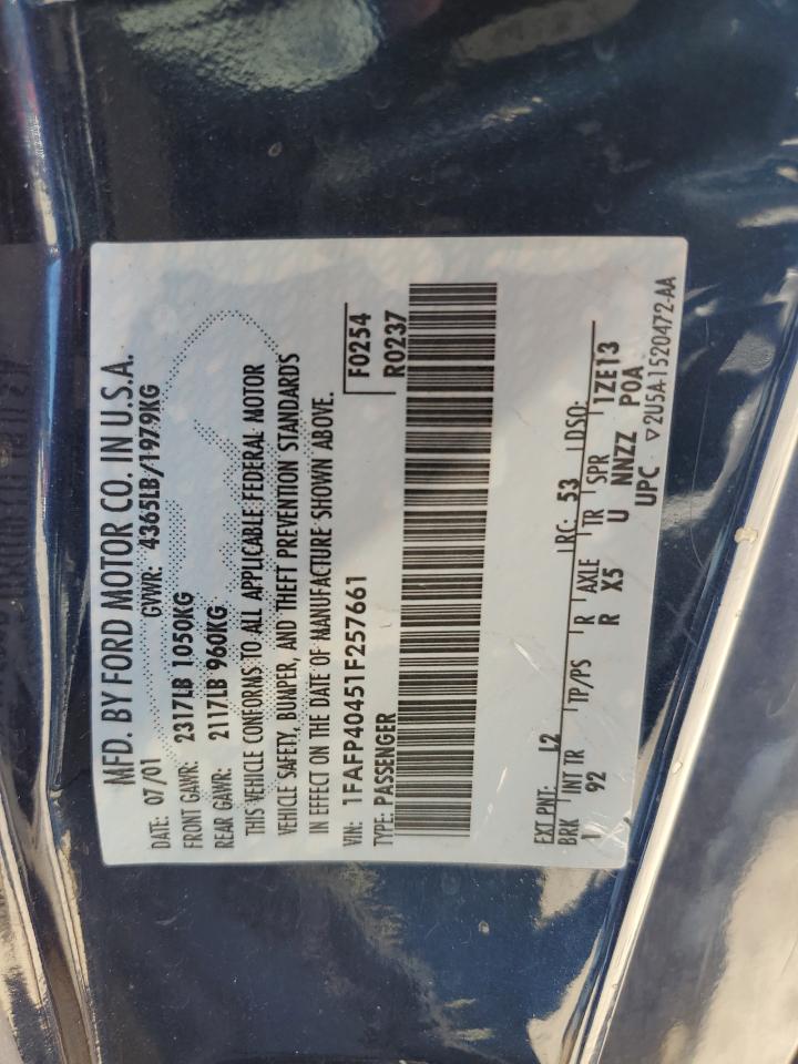 2001 Ford Mustang VIN: 1FAFP40451F257661 Lot: 62722884