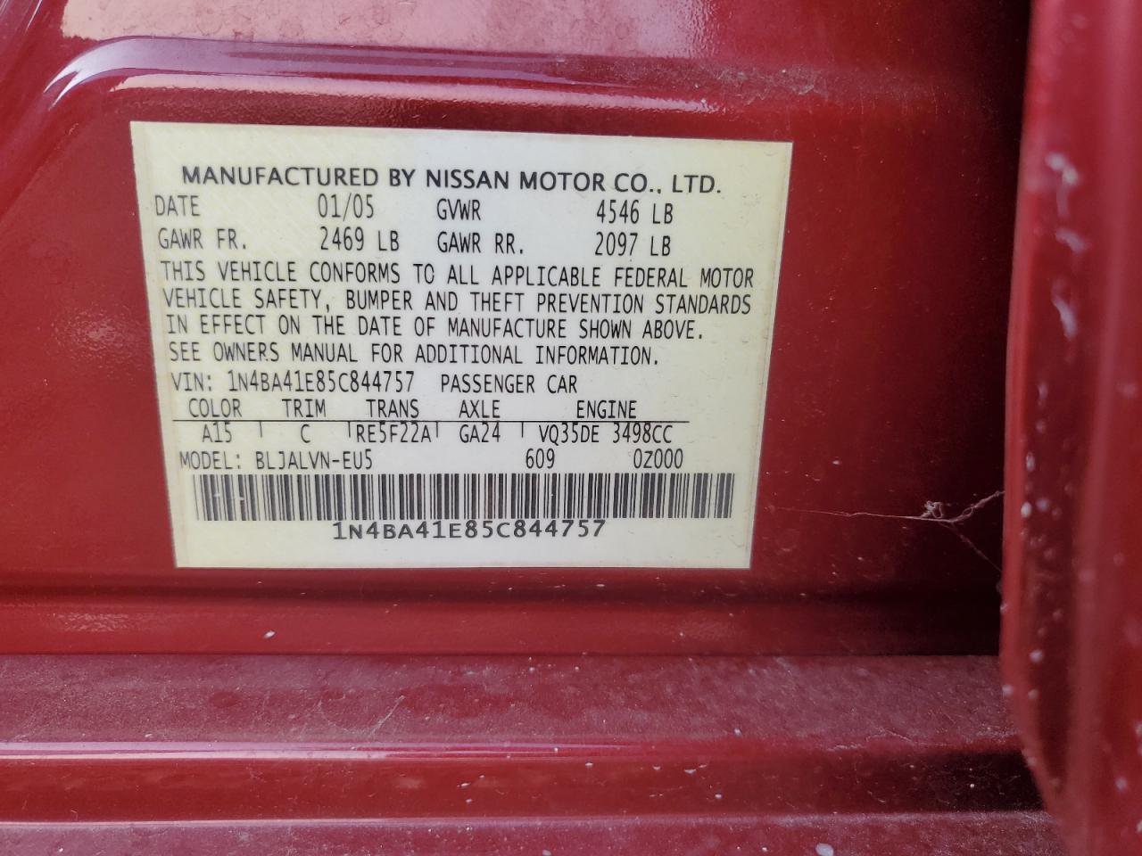 2005 Nissan Maxima Se VIN: 1N4BA41E85C844757 Lot: 62654124