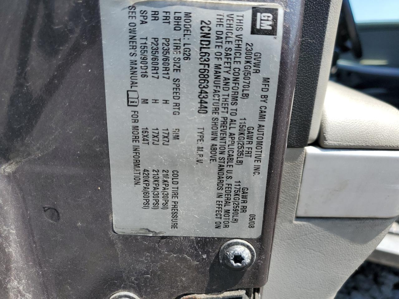 2CNDL63F686343440 2008 Chevrolet Equinox Lt