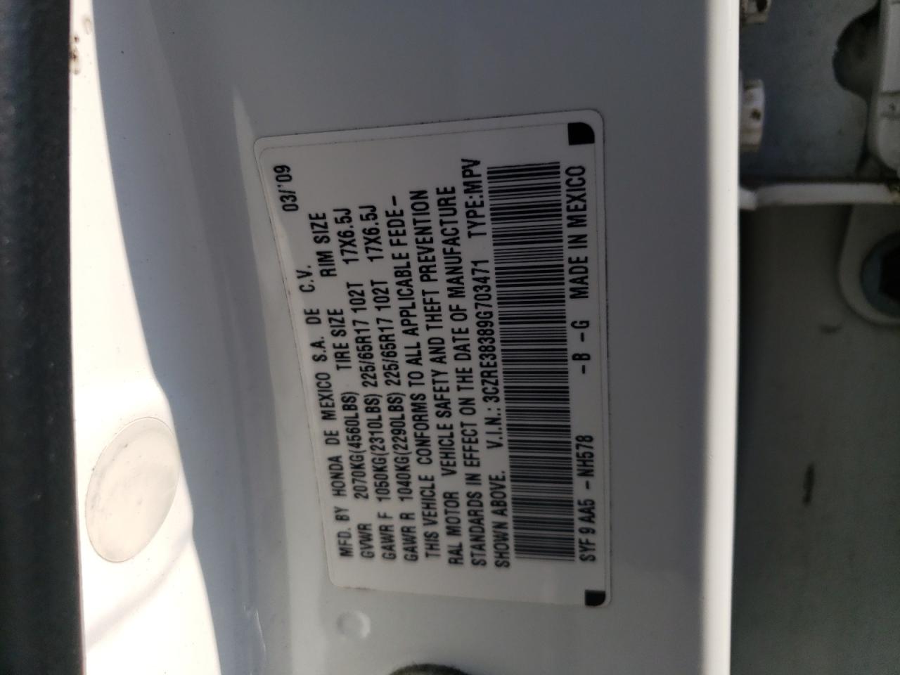 2009 Honda Cr-V Lx VIN: 3CZRE38389G703471 Lot: 62858404