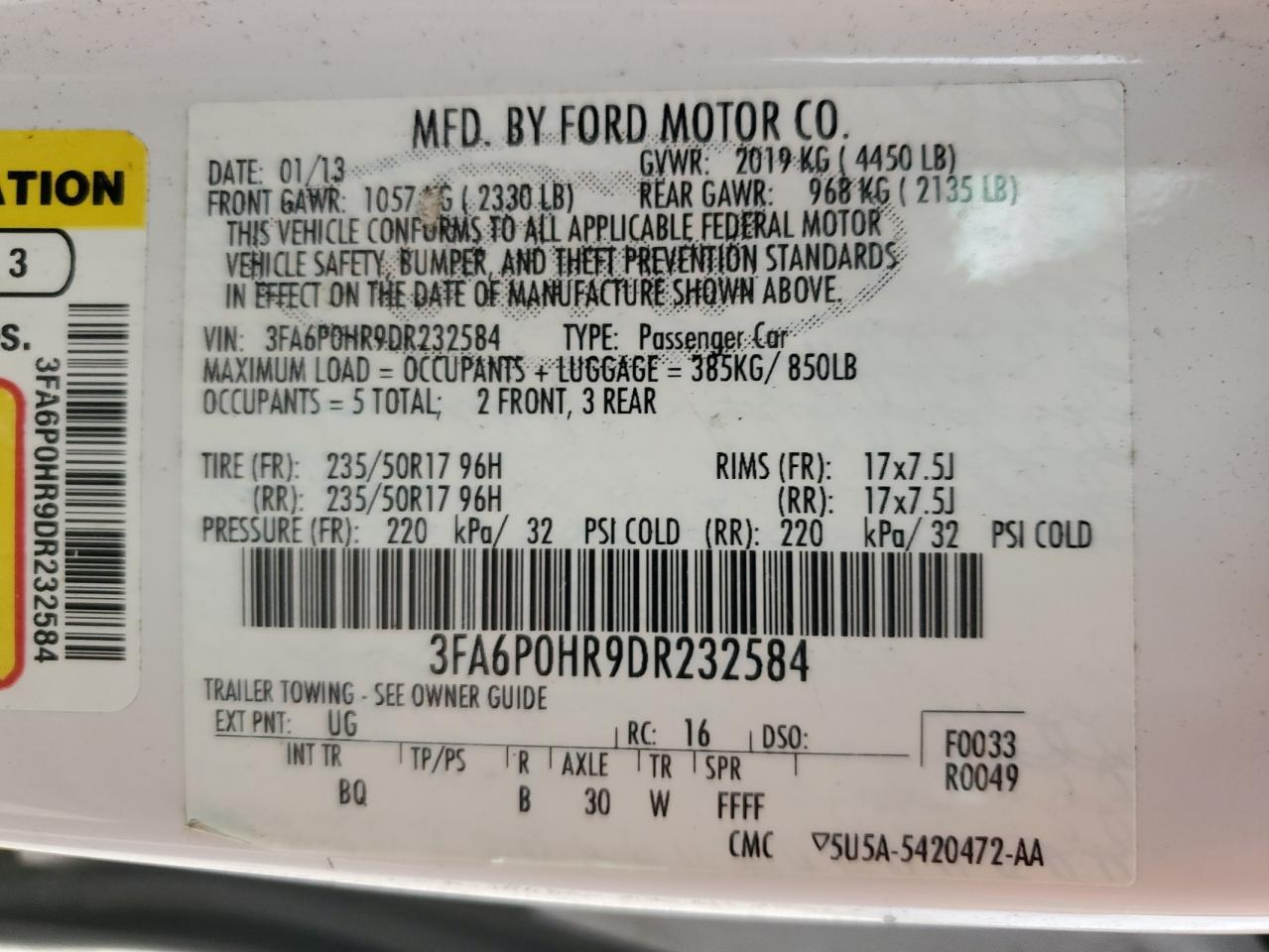 2013 Ford Fusion Se VIN: 3FA6P0HR9DR232584 Lot: 63562354