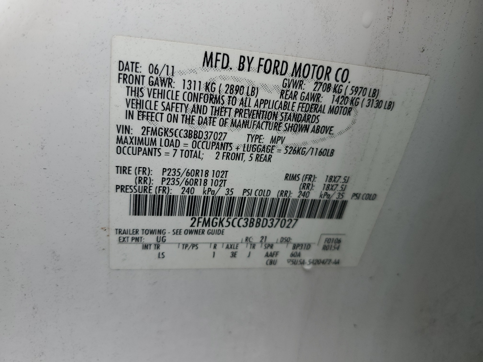 2FMGK5CC3BBD37027 2011 Ford Flex Sel