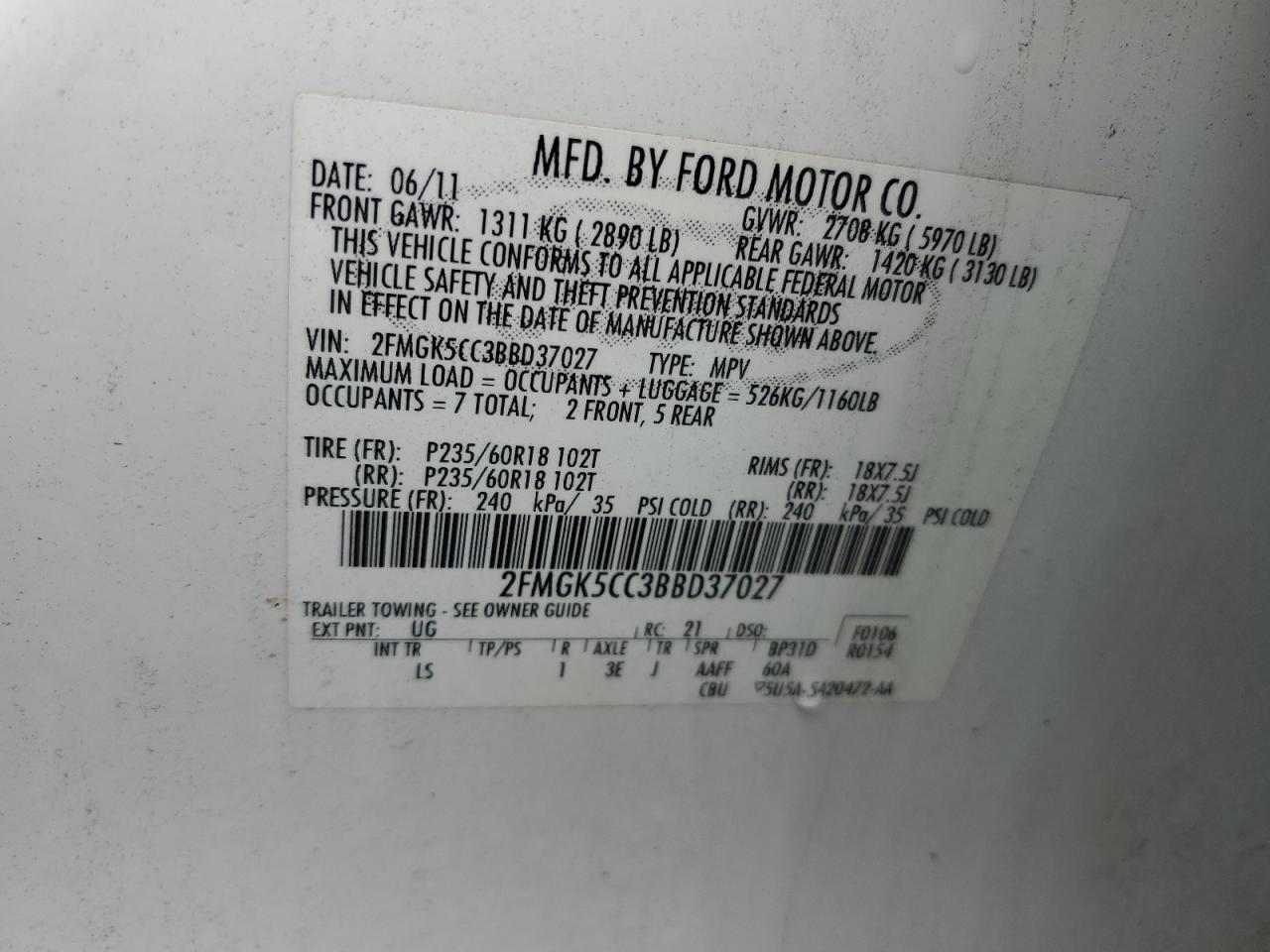 2011 Ford Flex Sel VIN: 2FMGK5CC3BBD37027 Lot: 64240674