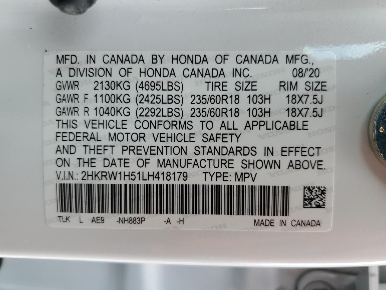 2020 Honda Cr-V Ex VIN: 2HKRW1H51LH418179 Lot: 64430974